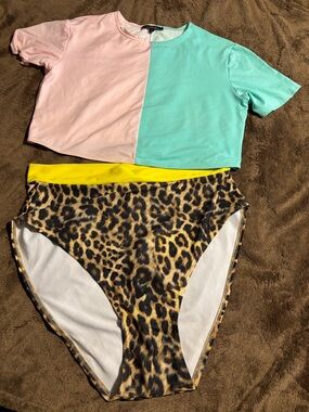 Colorblock Pink & Aqua Top with Leopard Print High-Waist Full Coverage Bottoms